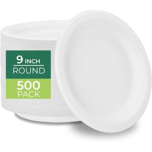 image:imageFreshware Paper Plates  Disposable 10 Plate 500Pack Biodegradable Sugarcane Dinner Plates  Heavy Duty Dinnerware for Hot Food  Microwave amp Freezer Safe Stackable Dinnerware9 Inch  500 Pack