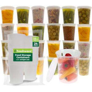 image:imageFreshware Food Storage Containers with Lids 81632 oz x 20 each 60 sets Deli Containers Microwave and Freezer Safe Stackable Leakproof BPA Free Clear32 oz 24 Sets