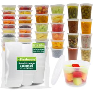 image:imageFreshware Food Storage Containers with Lids 81632 oz x 20 each 60 sets Deli Containers Microwave and Freezer Safe Stackable Leakproof BPA Free Clear8  16  32 oz 60 Set
