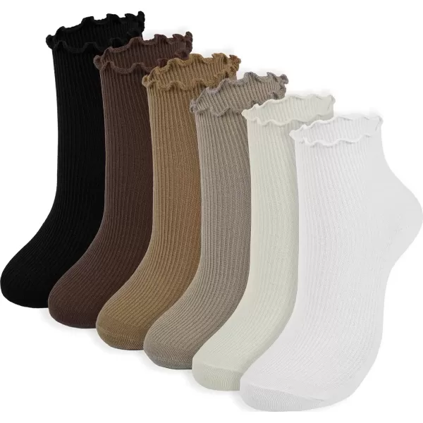 imageBomKinta Ankle Ruffle Socks Women  Cute Crew Frilly Sock  Low Cut Cotton SocksBlack Coffee Cream Khaki Brown White  6 Pairs