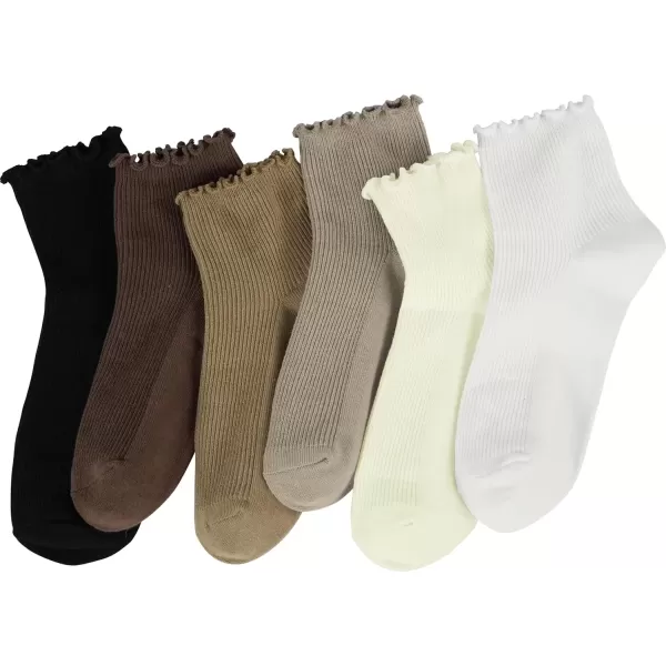 imageBomKinta Ankle Ruffle Socks Women  Cute Crew Frilly Sock  Low Cut Cotton SocksBlack Coffee Cream Khaki Brown White  6 Pairs