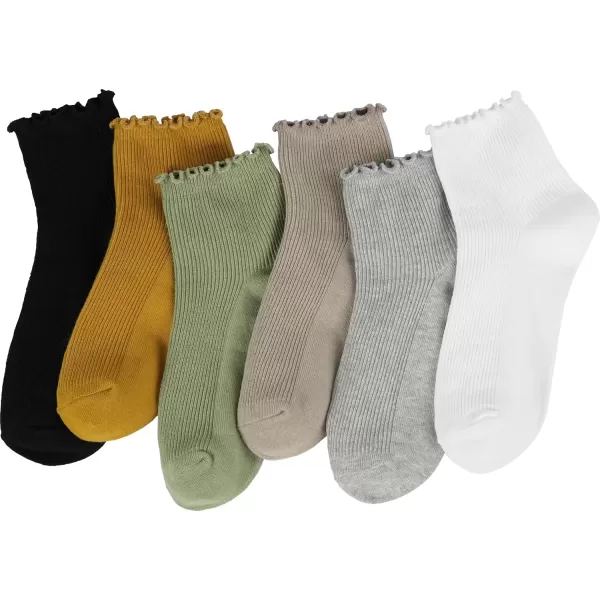 imageBomKinta Ankle Ruffle Socks Women  Cute Crew Frilly Sock  Low Cut Cotton SocksBlack Gold Gray White Yellow Green  6 Pairs