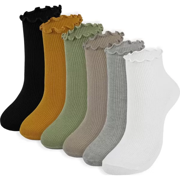 imageBomKinta Ankle Ruffle Socks Women  Cute Crew Frilly Sock  Low Cut Cotton SocksBlack Gold Gray White Yellow Green  6 Pairs