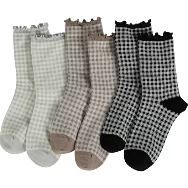 imageBomKinta Checkered Ruffle Socks Women  Cute Plaid Frilly Sock  Casual Crew Cotton Socks Size 596 Pairs  Black black khaki khaki grey grey