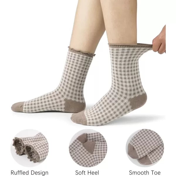 imageBomKinta Checkered Ruffle Socks Women  Cute Plaid Frilly Sock  Casual Crew Cotton Socks Size 596 Pairs  Black black khaki khaki grey grey