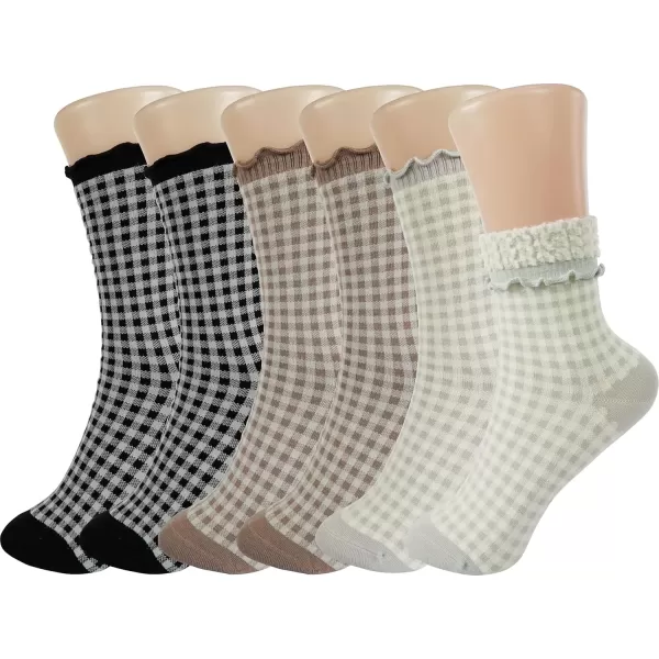 imageBomKinta Checkered Ruffle Socks Women  Cute Plaid Frilly Sock  Casual Crew Cotton Socks Size 596 Pairs  Black black khaki khaki grey grey