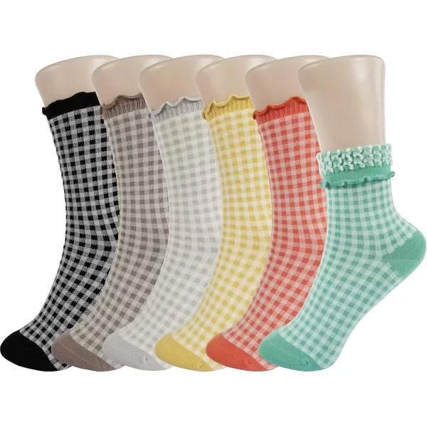 imageBomKinta Checkered Ruffle Socks Women  Cute Plaid Frilly Sock  Casual Crew Cotton Socks Size 596 Pairs  Black khaki grey yellow orange green