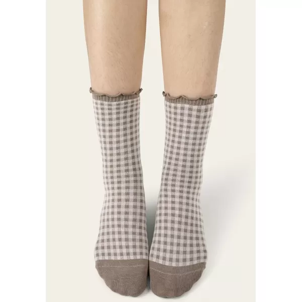 imageBomKinta Checkered Ruffle Socks Women  Cute Plaid Frilly Sock  Casual Crew Cotton Socks Size 596 Pairs  Khaki khaki grey grey yellow yellow
