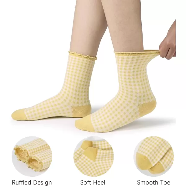 imageBomKinta Checkered Ruffle Socks Women  Cute Plaid Frilly Sock  Casual Crew Cotton Socks Size 596 Pairs  Khaki khaki grey grey yellow yellow