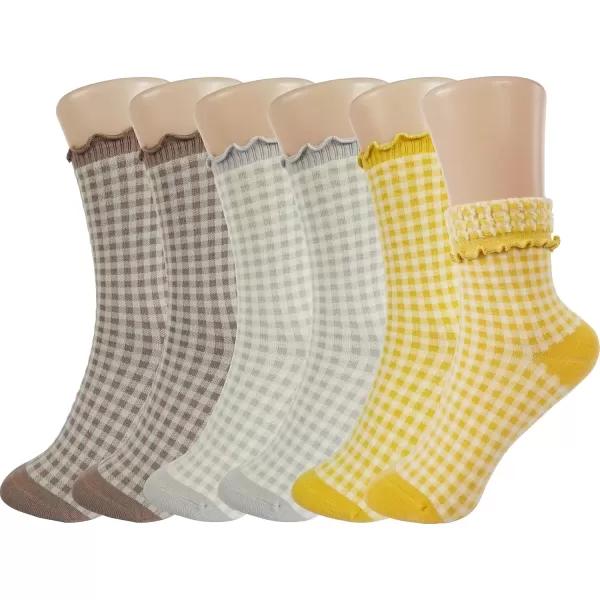 imageBomKinta Checkered Ruffle Socks Women  Cute Plaid Frilly Sock  Casual Crew Cotton Socks Size 596 Pairs  Khaki khaki grey grey yellow yellow
