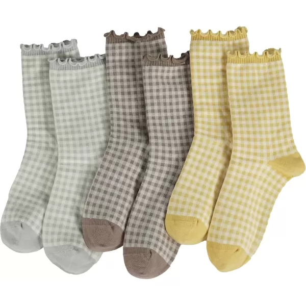 imageBomKinta Checkered Ruffle Socks Women  Cute Plaid Frilly Sock  Casual Crew Cotton Socks Size 596 Pairs  Khaki khaki grey grey yellow yellow