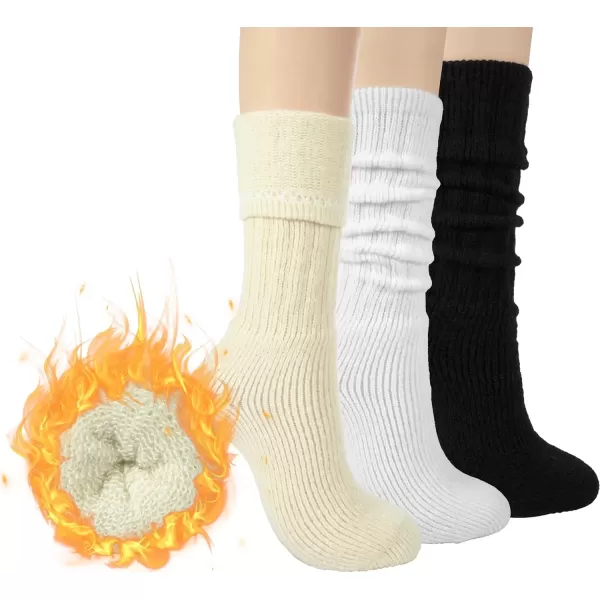 imageBomKinta Thick Slouch Socks Women  Long Soft Scrunch Knee High Boot Socks  Stack Socks for Women 3 Pair Pack Size 5103 Pairs  Black White Beige