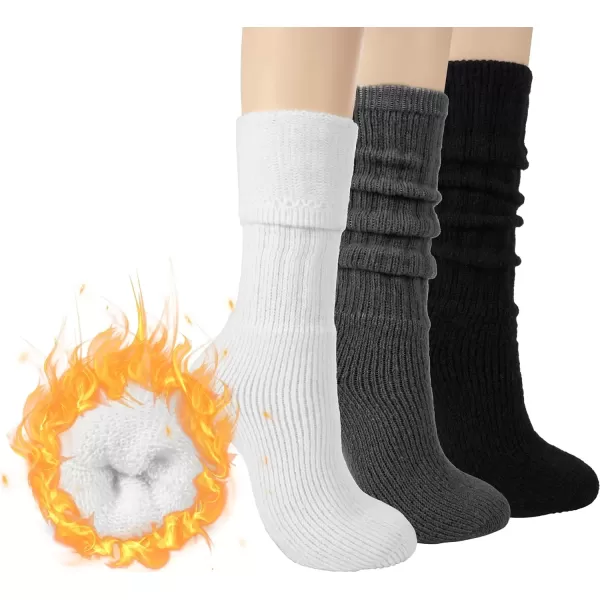 imageBomKinta Thick Slouch Socks Women  Long Soft Scrunch Knee High Boot Socks  Stack Socks for Women 3 Pair Pack Size 5103 Pairs  Black White Gray