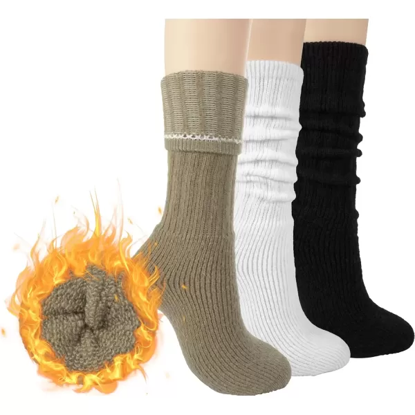 imageBomKinta Thick Slouch Socks Women  Long Soft Scrunch Knee High Boot Socks  Stack Socks for Women 3 Pair Pack Size 5103 Pairs  Black White Khaki