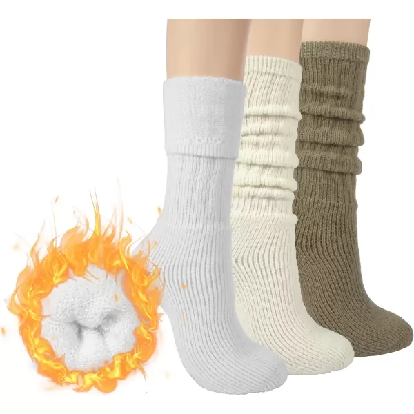 imageBomKinta Thick Slouch Socks Women  Long Soft Scrunch Knee High Boot Socks  Stack Socks for Women 3 Pair Pack Size 5103 Pairs  White Beige Khaki