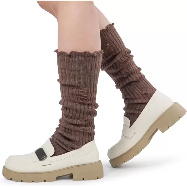 imageBomKinta Women Leg Warmers with Holes  Warm Ruffle Stripe Leg Sleeves  Winter Knee High Footless Socks1 Pair  Brown