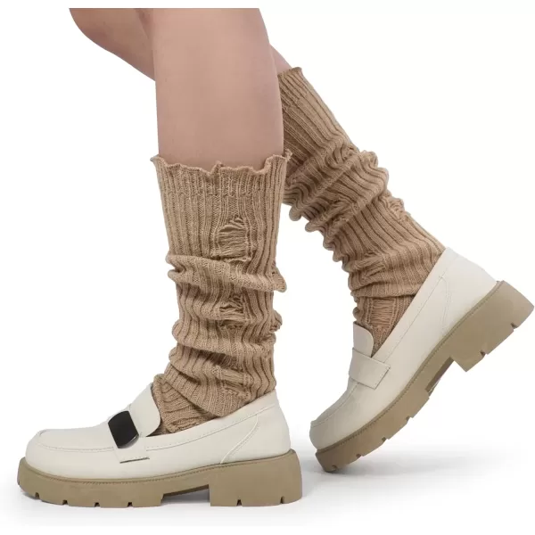 imageBomKinta Women Leg Warmers with Holes  Warm Ruffle Stripe Leg Sleeves  Winter Knee High Footless Socks1 Pair  Khaki