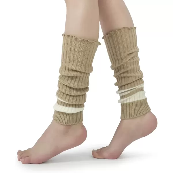imageBomKinta Women Leg Warmers with Holes  Warm Ruffle Stripe Leg Sleeves  Winter Knee High Footless Socks1 Pair  Stripe Khaki
