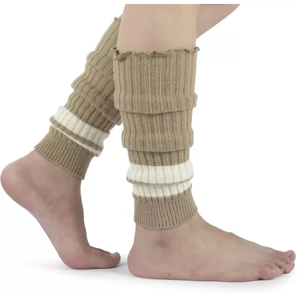 imageBomKinta Women Leg Warmers with Holes  Warm Ruffle Stripe Leg Sleeves  Winter Knee High Footless Socks1 Pair  Stripe Khaki