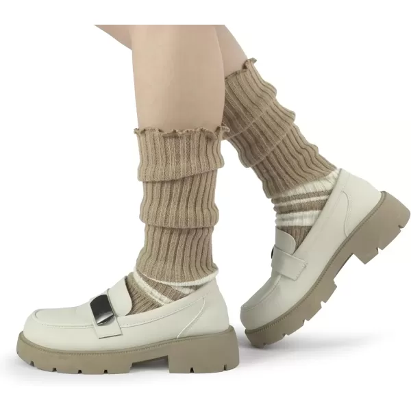 imageBomKinta Women Leg Warmers with Holes  Warm Ruffle Stripe Leg Sleeves  Winter Knee High Footless Socks1 Pair  Stripe Khaki