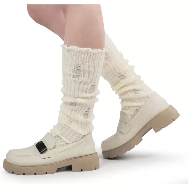 imageBomKinta Women Leg Warmers with Holes  Warm Ruffle Stripe Leg Sleeves  Winter Knee High Footless Socks2 Pairs  Beige Stripe Khaki
