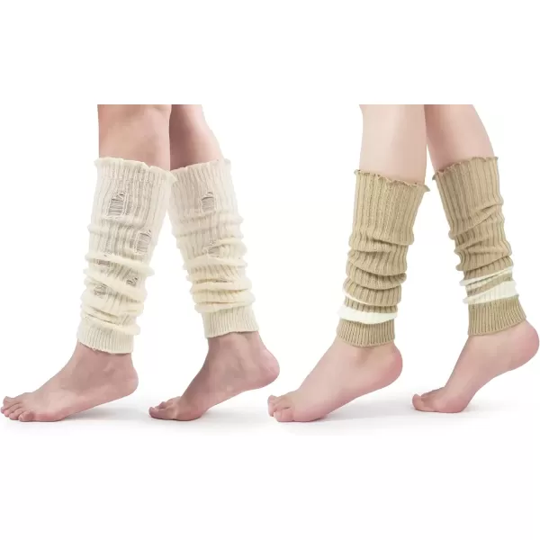 imageBomKinta Women Leg Warmers with Holes  Warm Ruffle Stripe Leg Sleeves  Winter Knee High Footless Socks2 Pairs  Beige Stripe Khaki