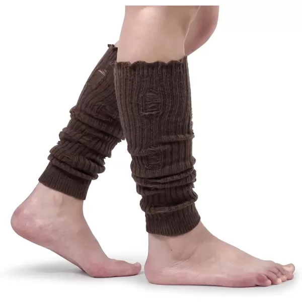imageBomKinta Women Leg Warmers with Holes  Warm Ruffle Stripe Leg Sleeves  Winter Knee High Footless Socks2 Pairs  Brown Stripe Brownish