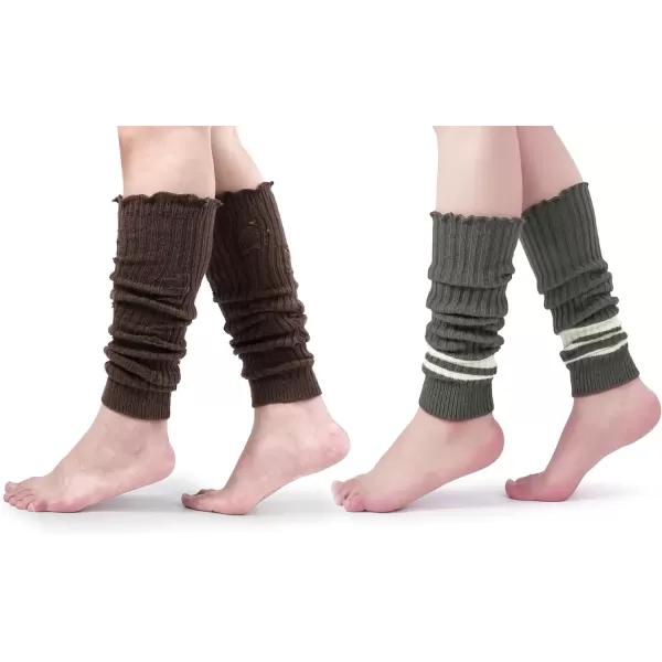 imageBomKinta Women Leg Warmers with Holes  Warm Ruffle Stripe Leg Sleeves  Winter Knee High Footless Socks2 Pairs  Brown Stripe Brownish
