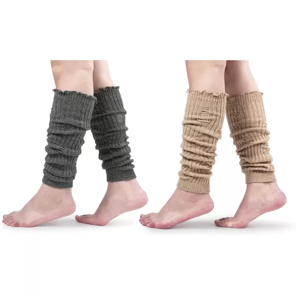 imageBomKinta Women Leg Warmers with Holes  Warm Ruffle Stripe Leg Sleeves  Winter Knee High Footless Socks2 Pairs  Grey Khaki