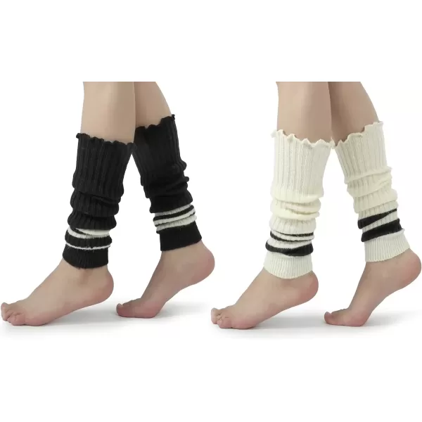 imageBomKinta Women Leg Warmers with Holes  Warm Ruffle Stripe Leg Sleeves  Winter Knee High Footless Socks2 Pairs  Stripe Black Stripe Beige