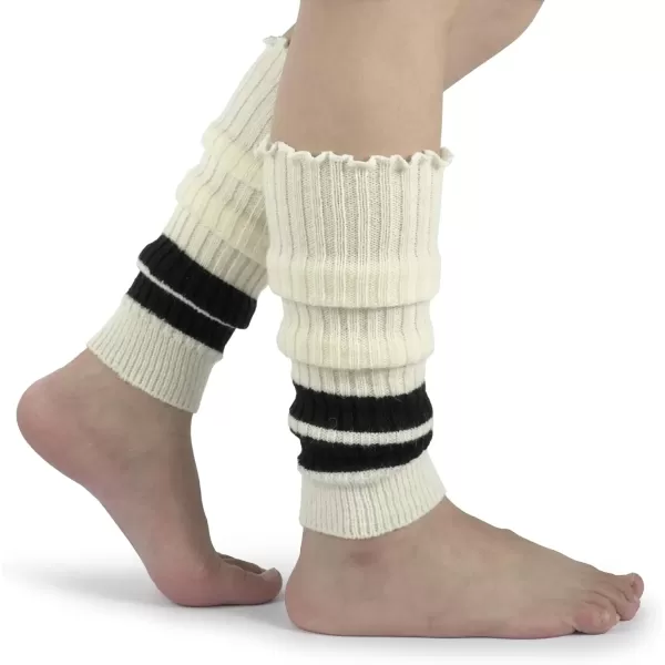 imageBomKinta Women Leg Warmers with Holes  Warm Ruffle Stripe Leg Sleeves  Winter Knee High Footless Socks2 Pairs  Stripe Black Stripe Beige