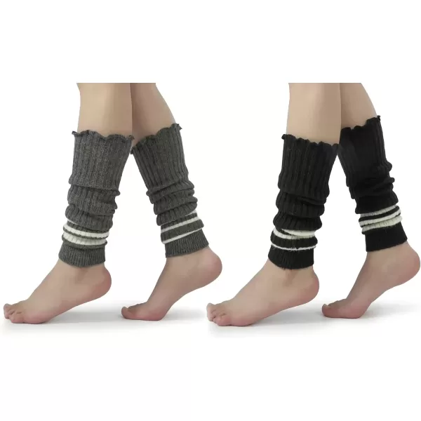 imageBomKinta Women Leg Warmers with Holes  Warm Ruffle Stripe Leg Sleeves  Winter Knee High Footless Socks2 Pairs  Stripe Black Stripe Grey