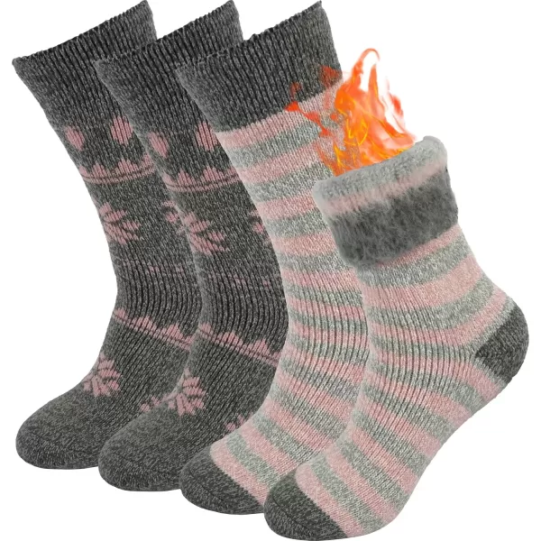 imageBomKinta Women Thermal Socks  Thick Boot Sock Warm Winter Crew Socks  Cozy Soft Christmas Socks Size 5102 Pairs  Striped Pink Christmas Pink