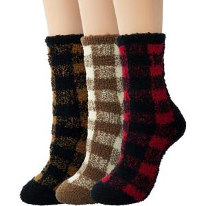 imageBomKinta Fuzzy Socks Women  Winter House Slipper Sock  Cozy Thick Warm Sleeping Socks Size 5103 Pairs Checkered Red Khaki Yellow