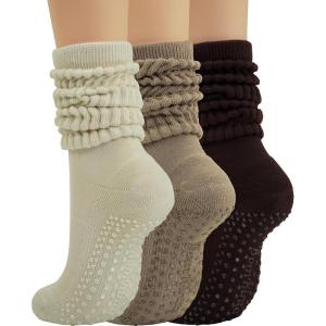 imageBomKinta Pilates Socks with Grips for Women  Yoga Grippy Slouch Scrunch Sock  Slipper Socks for Barre Workout Hospital3 Pairs  Beige Coffee Brown
