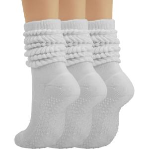 imageBomKinta Pilates Socks with Grips for Women  Yoga Grippy Slouch Scrunch Sock  Slipper Socks for Barre Workout Hospital3 Pairs  White White White