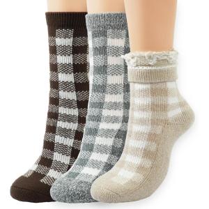 imageBomKinta Crew Boot Socks for Women  Cozy Warm Winter Socks  Comfy Soft Christmas Sleeping Sock Size 5103 Pairscheckered Beige Grey Brown