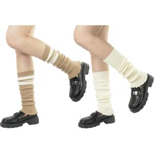 imageBomKinta Leg Warmers for Women  Soft Fashion Knit Calf Accessories  Cute 80s Ruffle Leg Sleeves for Party Yoga2 Pairs  Beige Stripe Khaki
