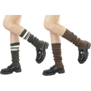 imageBomKinta Leg Warmers for Women  Soft Fashion Knit Calf Accessories  Cute 80s Ruffle Leg Sleeves for Party Yoga2 Pairs  Brown Stripe Brownish