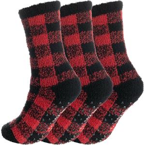 image:imageBomKinta Grip Fuzzy Slipper Socks Women  Cozy Warm Hospital Socks with Grips  Non Slip Fleece Sock Gifts Size 5103 Pairs Checkered Red