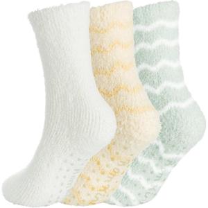 image:imageBomKinta Grip Fuzzy Slipper Socks Women  Cozy Warm Hospital Socks with Grips  Non Slip Fleece Sock Gifts Size 5103 Pairs White Stripes Yellow Stripes Green
