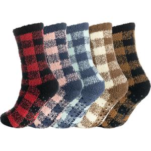 image:imageBomKinta Grip Fuzzy Slipper Socks Women  Cozy Warm Hospital Socks with Grips  Non Slip Fleece Sock Gifts Size 5105 Pairs Checkered Mix Color 1