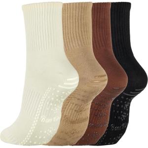 image:imageBomKinta Womens Crew Pilates Socks with Grips  Yoga Grippy Crew Sock  Slipper Socks for Barre Workout Hospital Size 594 Pairsblack Beige Brown Coffee