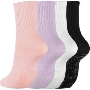 image:imageBomKinta Womens Crew Pilates Socks with Grips  Yoga Grippy Crew Sock  Slipper Socks for Barre Workout Hospital Size 594 Pairsblack White Pink Purple