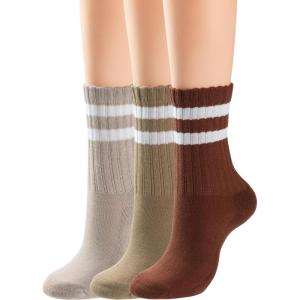 image:imageBomKinta Womens Striped Crew Socks  Retro Above Ankle Cotton Sock  Casual Cozy Athletic Style Socks Gifts Size 5103 Pairslight Khaki Dark Khaki Reddish Brown