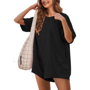 imageYeokou Rompers for Women Casual Short Sleeve Oversized Athletic Workout Reversible Hot Shot Tee Romper Deep PocketsBlack