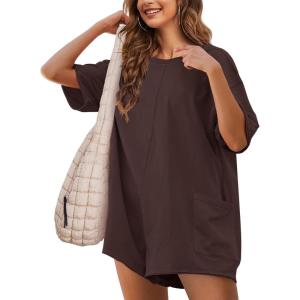 imageYeokou Rompers for Women Casual Short Sleeve Oversized Athletic Workout Reversible Hot Shot Tee Romper Deep PocketsBrown