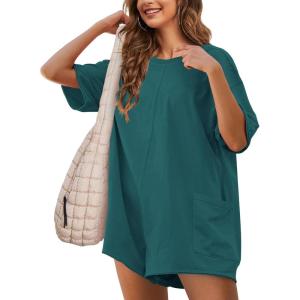 imageYeokou Rompers for Women Casual Short Sleeve Oversized Athletic Workout Reversible Hot Shot Tee Romper Deep PocketsDarkgreen