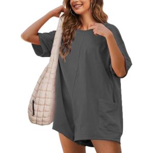 imageYeokou Rompers for Women Casual Short Sleeve Oversized Athletic Workout Reversible Hot Shot Tee Romper Deep PocketsDarkgrey