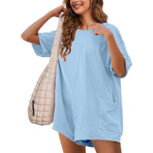 imageYeokou Rompers for Women Casual Short Sleeve Oversized Athletic Workout Reversible Hot Shot Tee Romper Deep PocketsLightblue